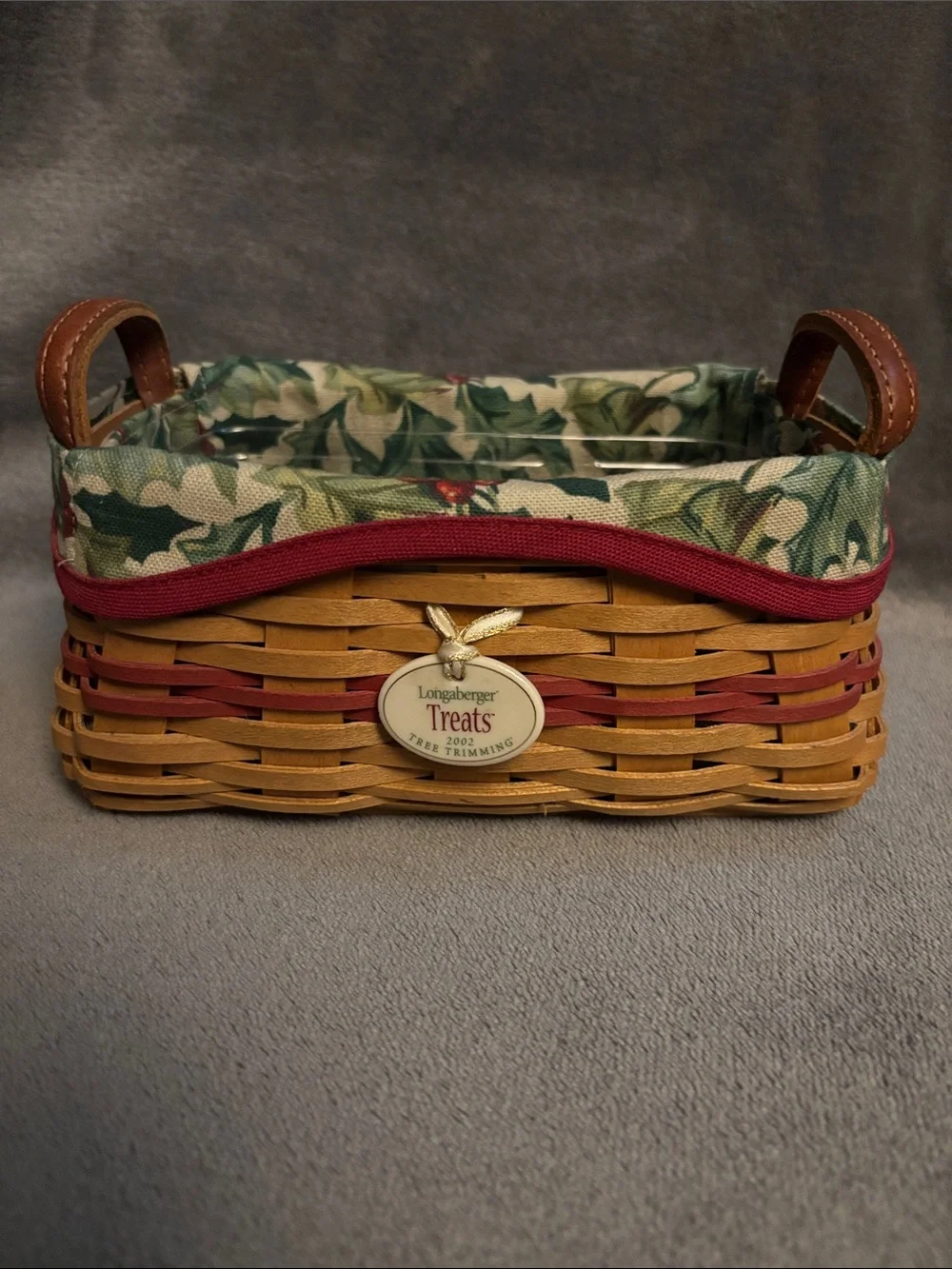 Longaberger Brown Basket with Red Trim and Floral Liner